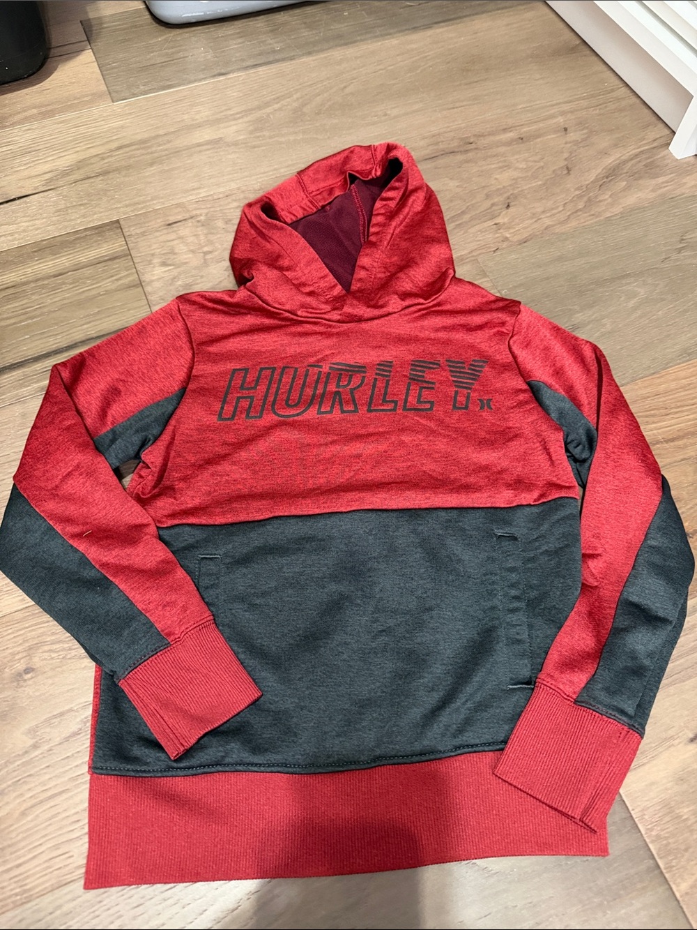 Hurley Men's Red and Dark Gray Colorblock Zip-Up Hoodie Sweater